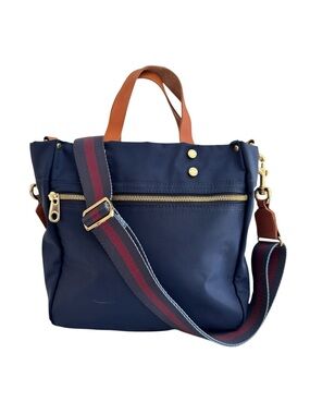 Boulevard Joey Tote Navy Nylon Crossbody Bag Leather Trim Gold Hardware